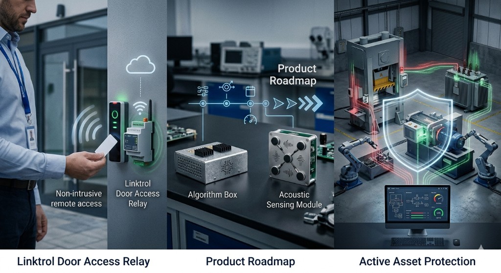 Industrial control — Linktrol door access relay, product roadmap with Algorithm Box and acoustic sensing, active asset protection